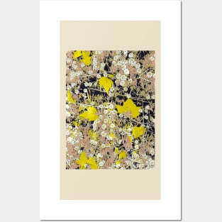 Autumn Leaves In Bright Yellow With White Flowers Posters and Art